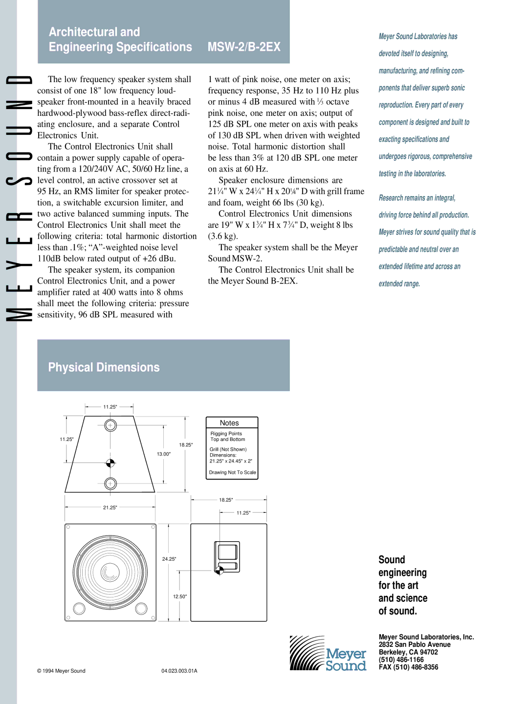 Meyer Sound manual Architectural Engineering Specifications MSW-2/B-2EX, Physical Dimensions 