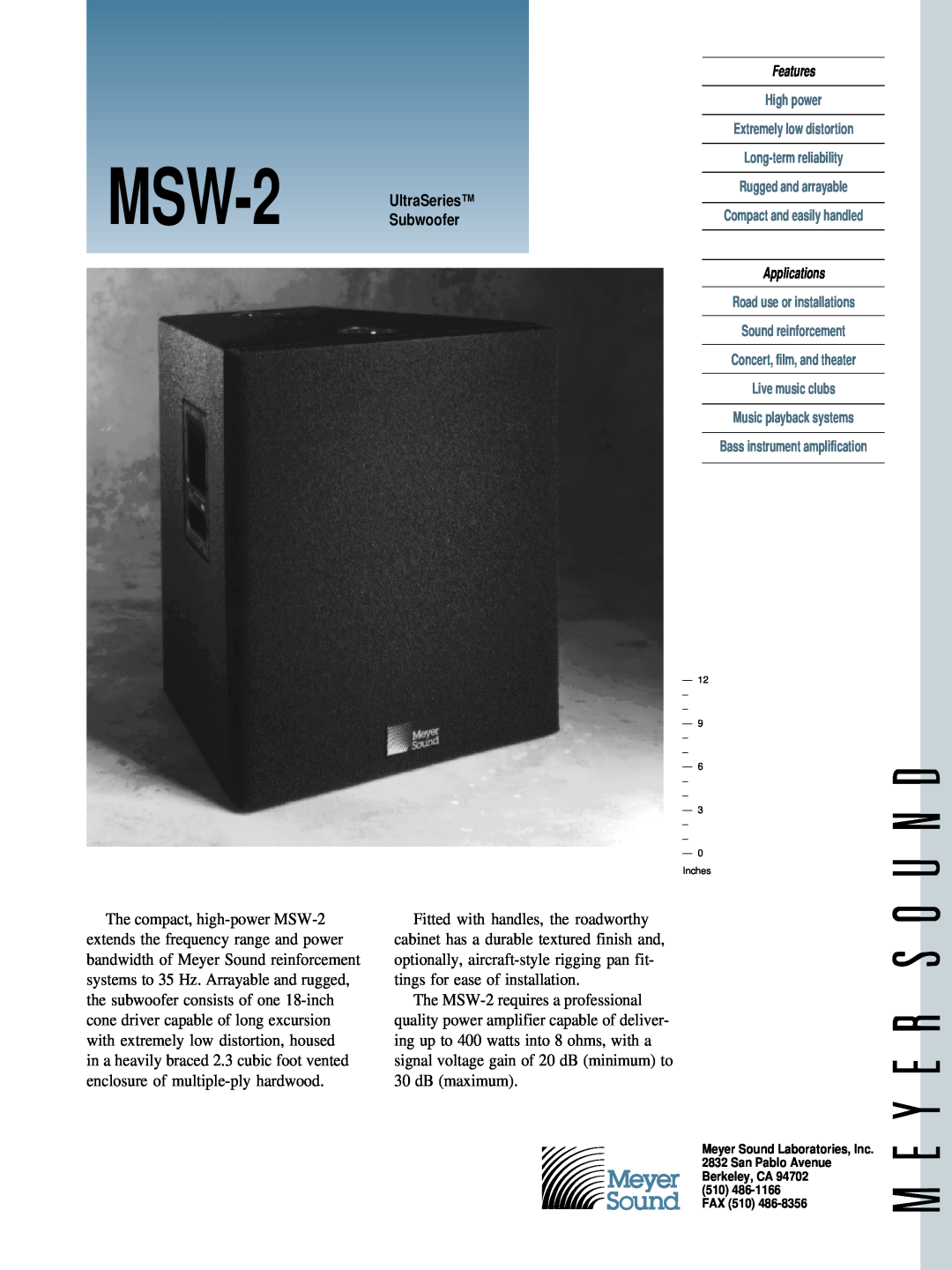 Meyer Sound manual MSW-2 UltraSeries Subwoofer, Features, Applications 