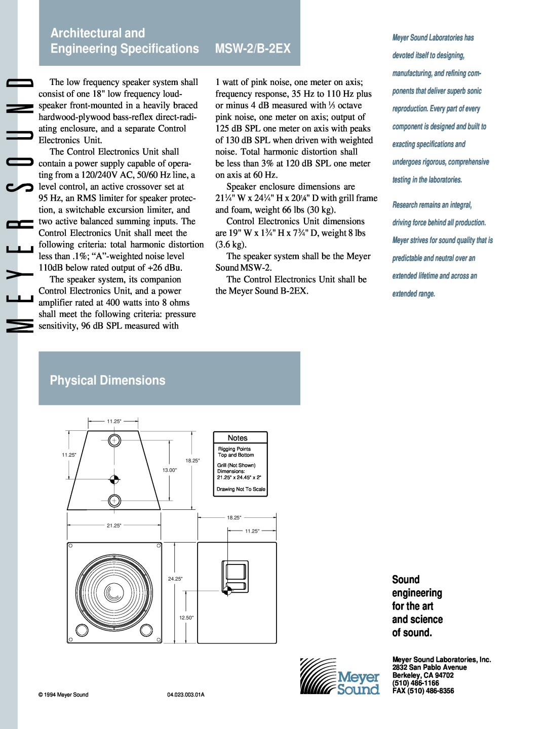 Meyer Sound manual Architectural and, Engineering Specifications MSW-2/B-2EX, Physical Dimensions 
