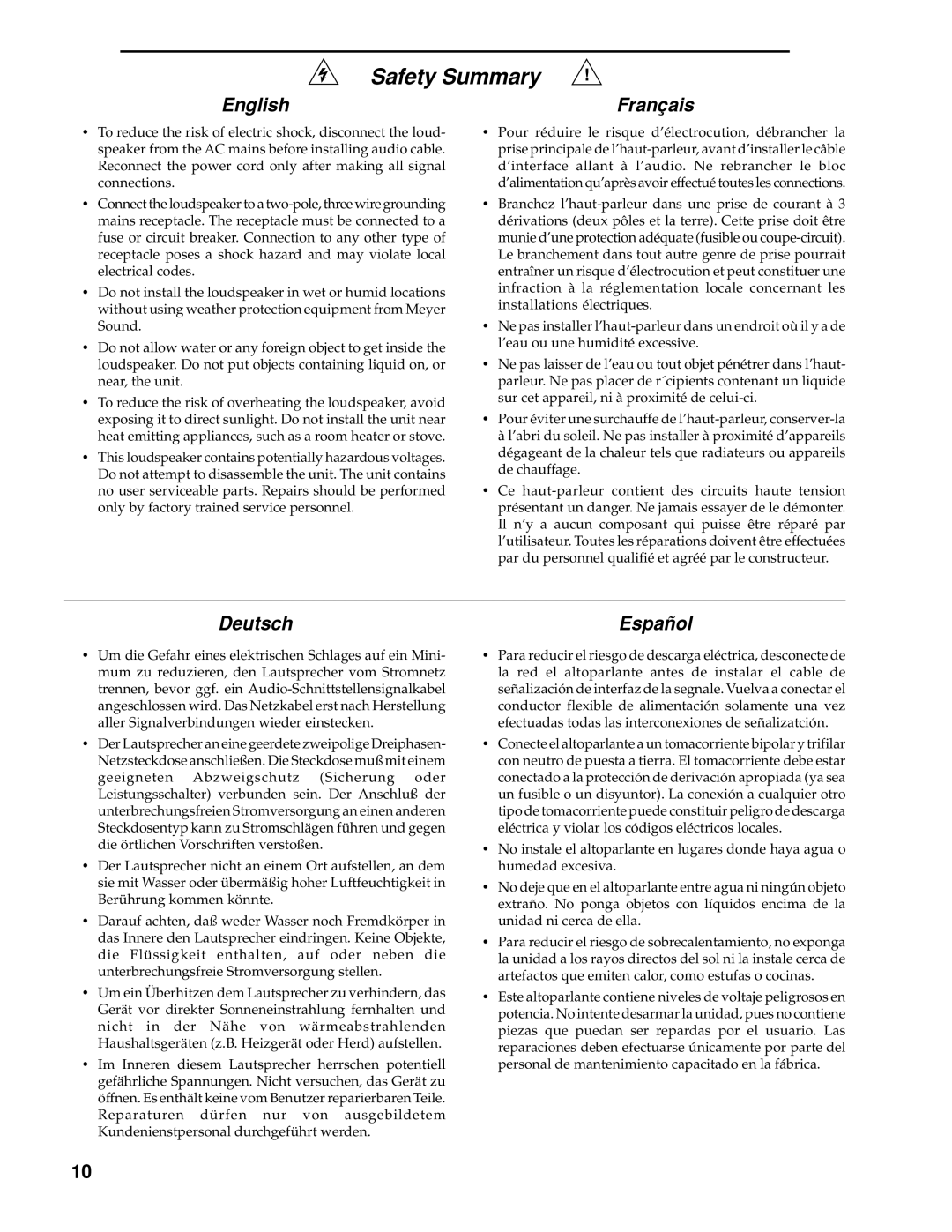 Meyer Sound UM-1P, UM-100P manual Safety Summary, English Français, Deutsch, Español 