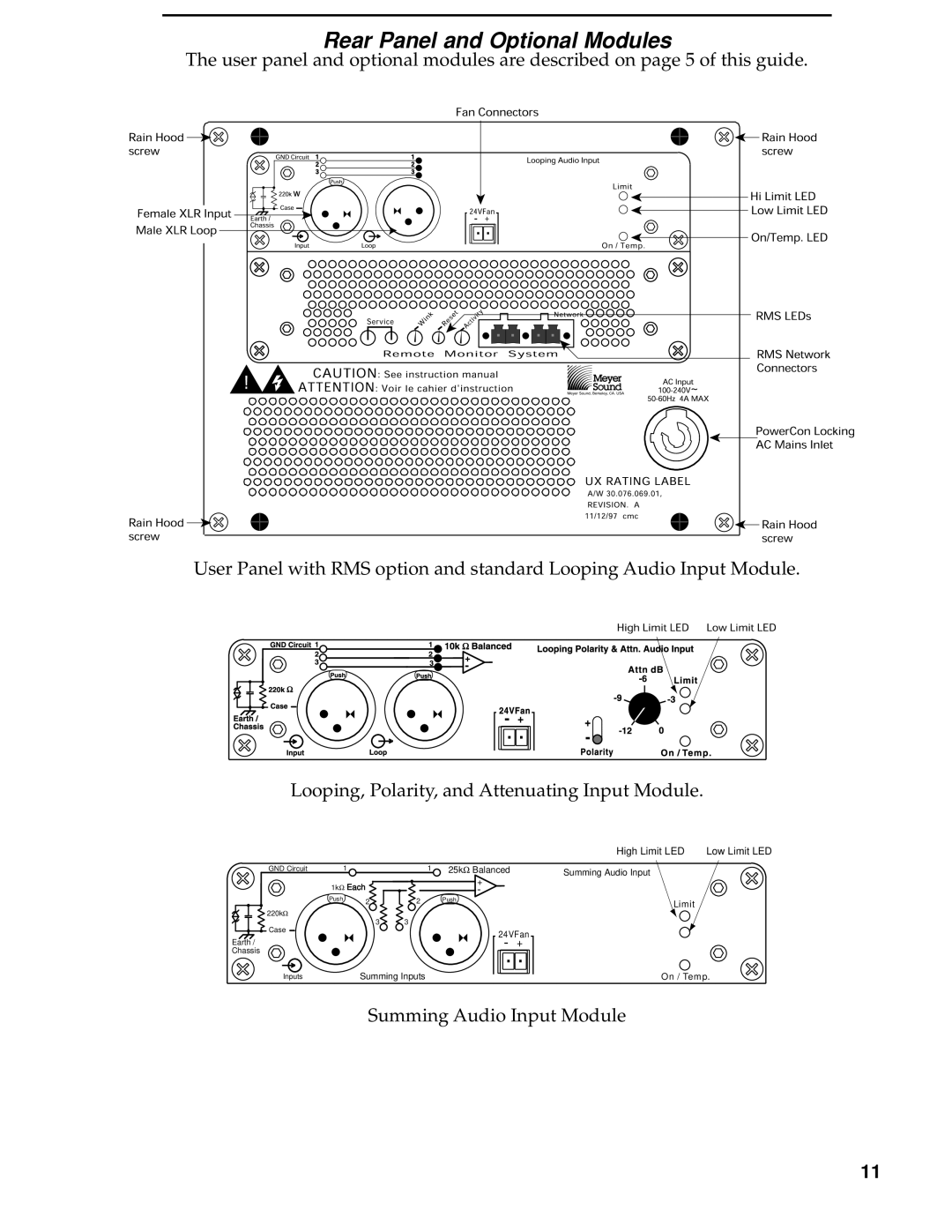 Meyer Sound UM-100P, UM-1P manual Rear Panel and Optional Modules 