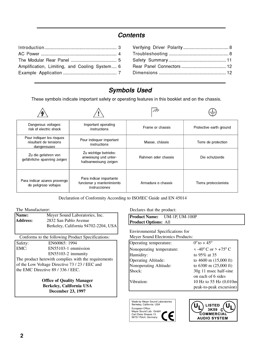 Meyer Sound UM-1P, UM-100P manual Contents, Symbols Used 