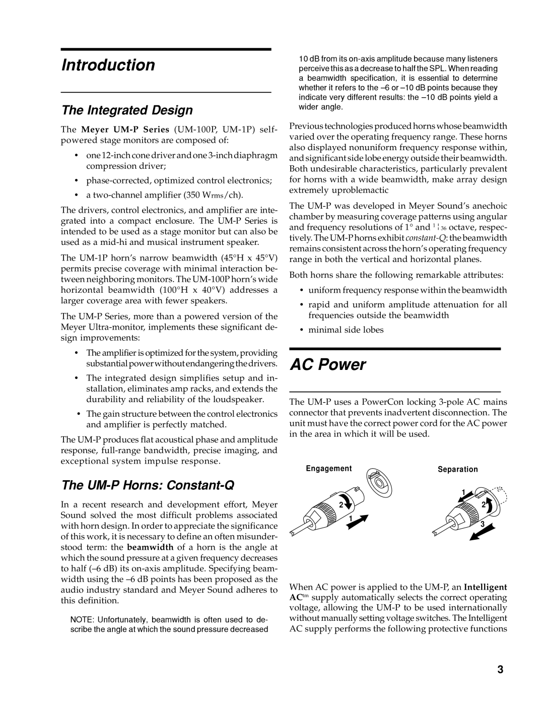 Meyer Sound UM-100P, UM-1P manual Introduction, AC Power, Integrated Design, UM-P Horns Constant-Q 