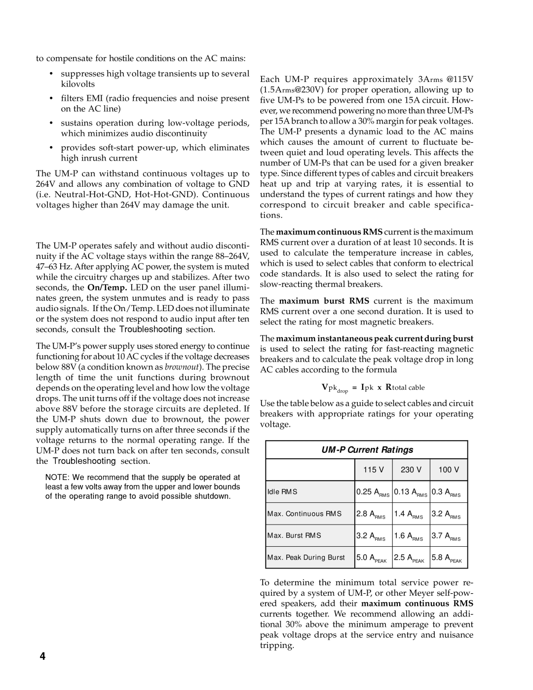 Meyer Sound UM-1P, UM-100P manual Voltage Requirements, Current Requirements 