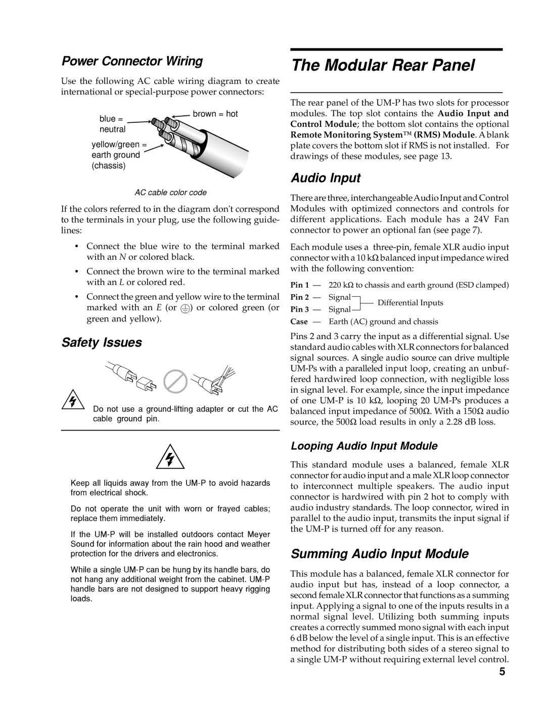 Meyer Sound UM-100P, UM-1P manual Modular Rear Panel, Power Connector Wiring, Safety Issues, Summing Audio Input Module 