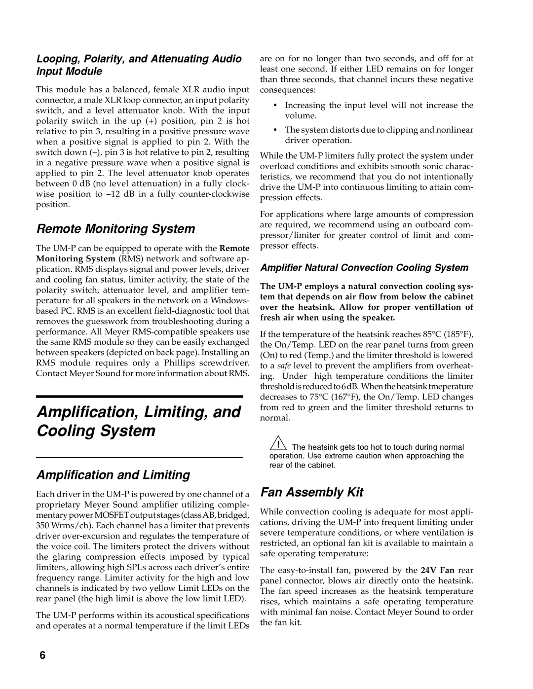 Meyer Sound UM-1P manual Amplification, Limiting, and Cooling System, Remote Monitoring System, Amplification and Limiting 