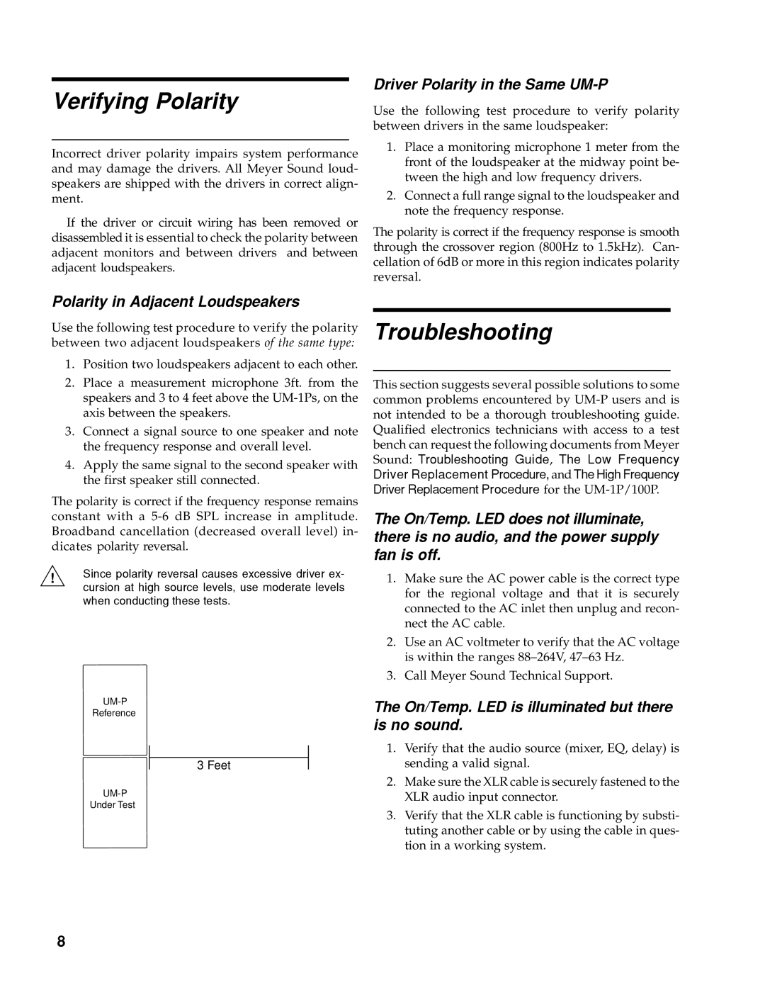 Meyer Sound UM-1P Verifying Polarity, Troubleshooting, Driver Polarity in the Same UM-P, Polarity in Adjacent Loudspeakers 