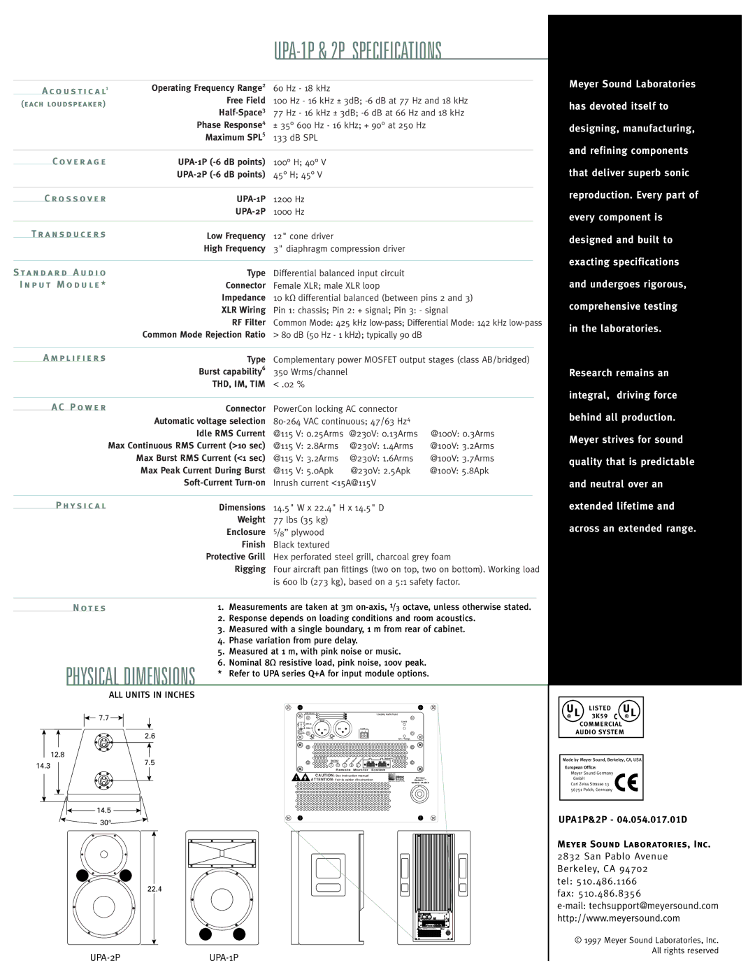 Meyer Sound UPA-1p, UPA-2P manual O u s t i c a l1, V e r a g e O s s o v e r A n s d u c e r s, P l i f i e r s, Ot e s 