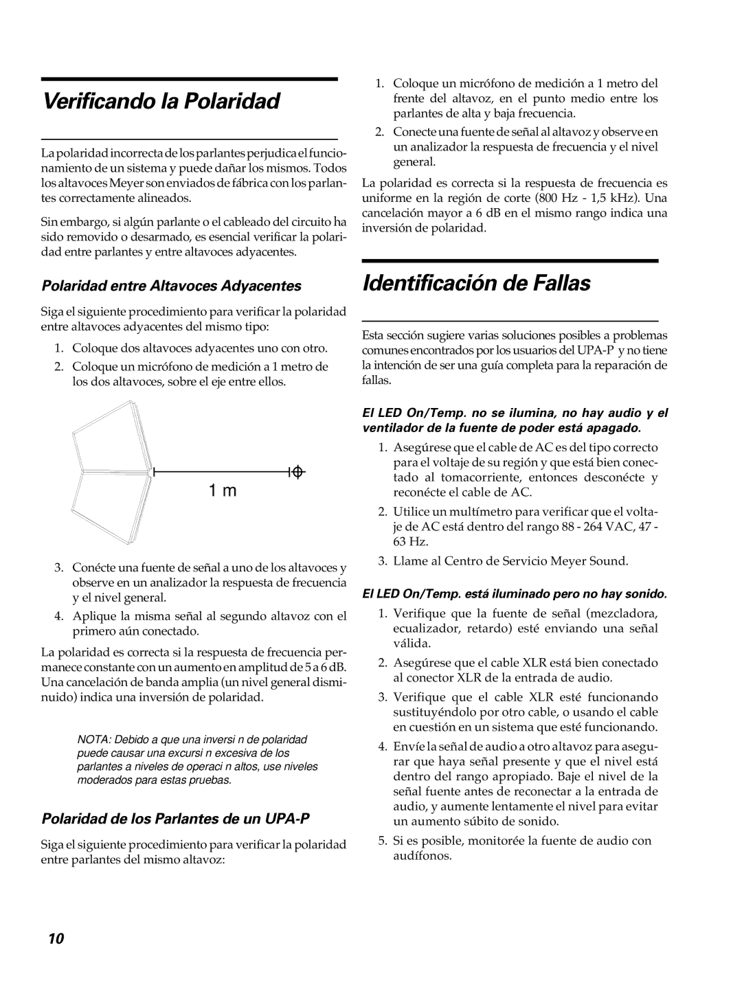 Meyer Sound UPA-1p manual Verificando la Polaridad, Identificación de Fallas, Polaridad entre Altavoces Adyacentes 