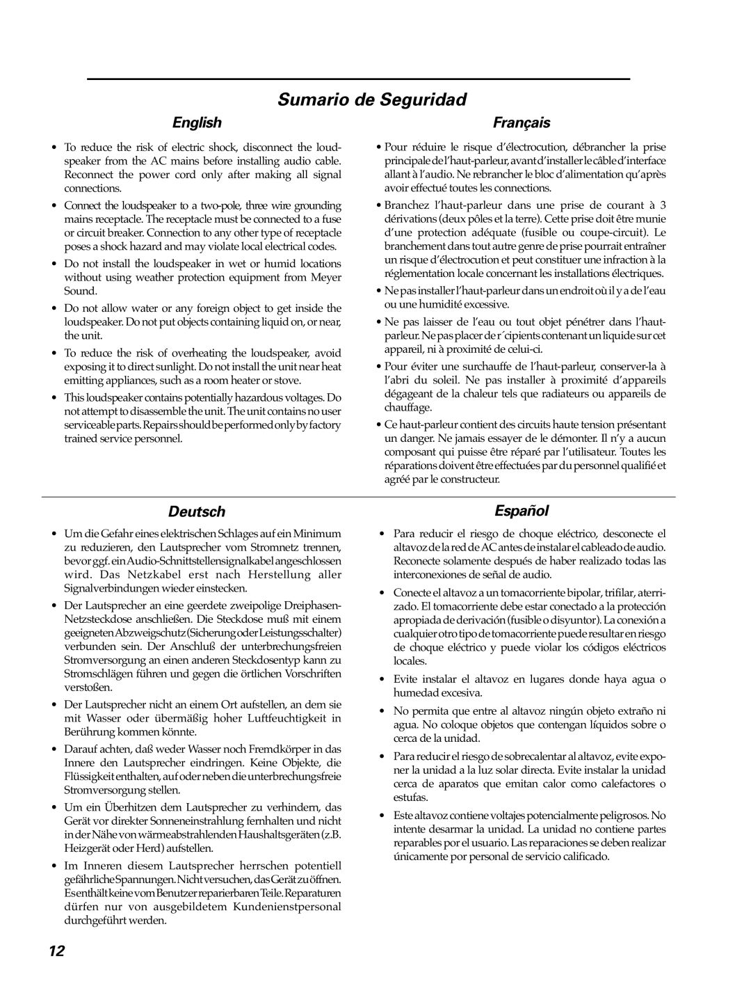 Meyer Sound UPA-1p manual Sumario de Seguridad, English, Deutsch, Español 