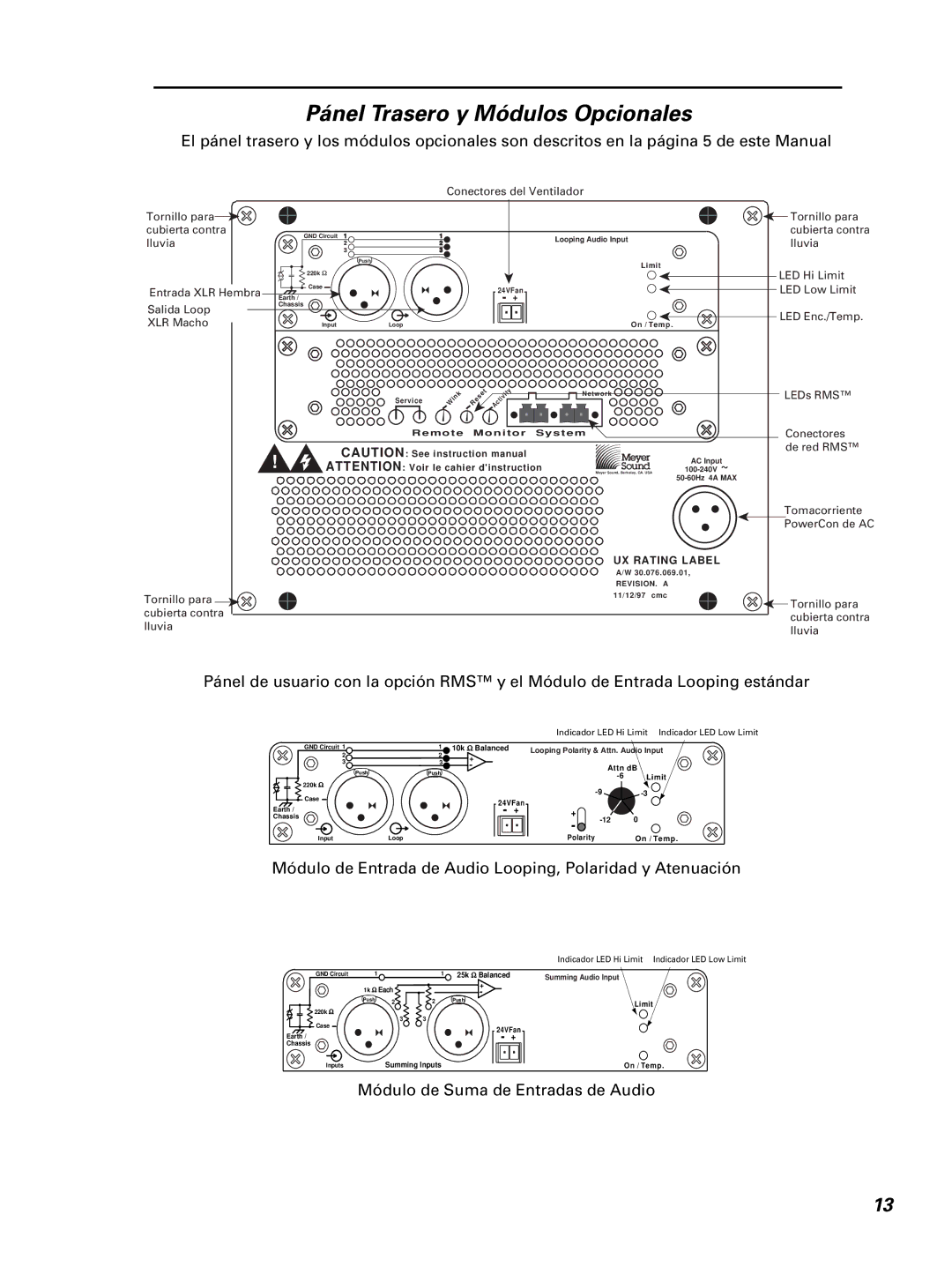 Meyer Sound UPA-1p manual Pánel Trasero y Módulos Opcionales, Módulo de Entrada de Audio Looping, Polaridad y Atenuación 