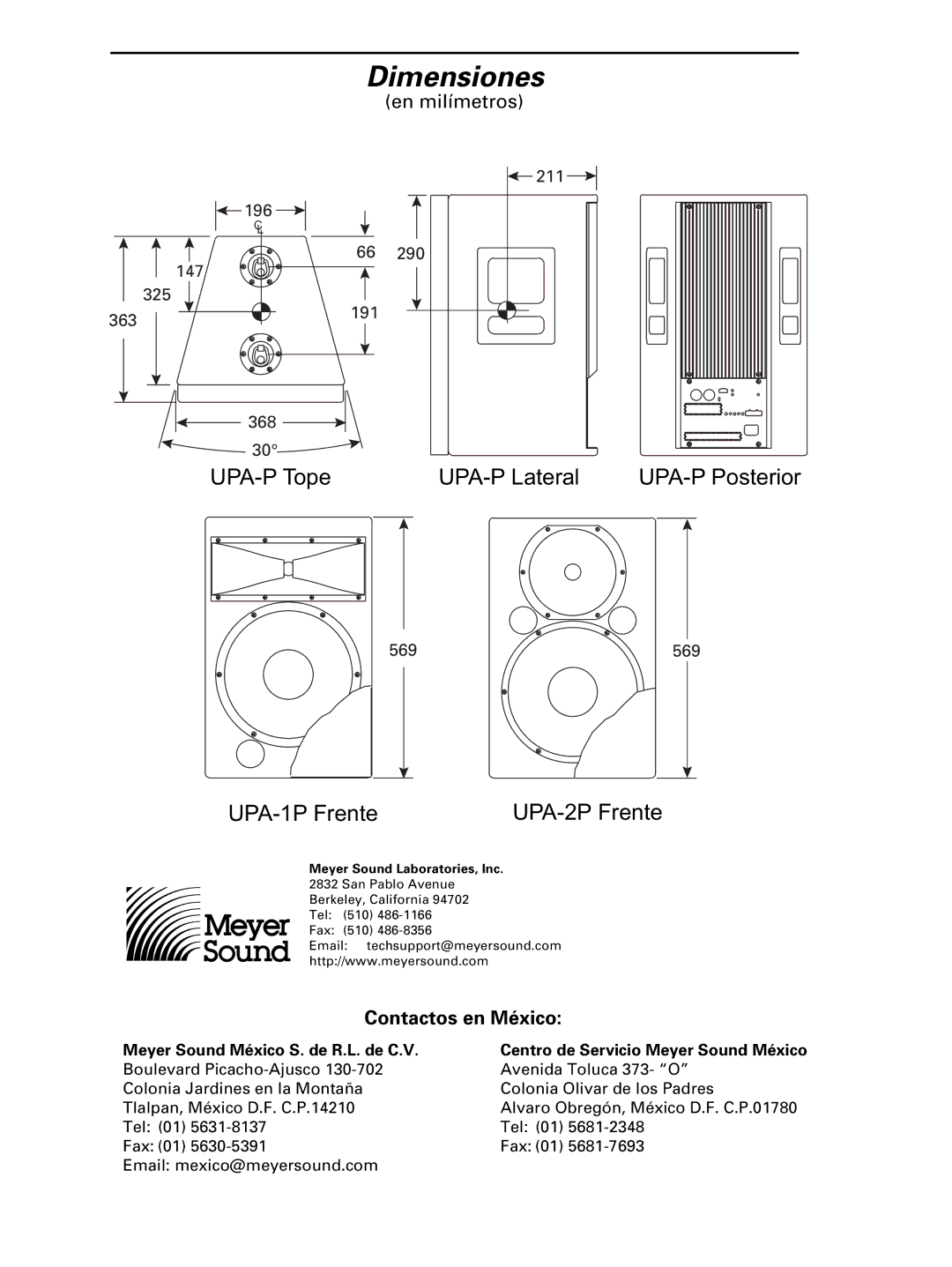 Meyer Sound UPA-1p manual Dimensiones, 363, Tel 01 Fax 01 Email mexico@meyersound.com 