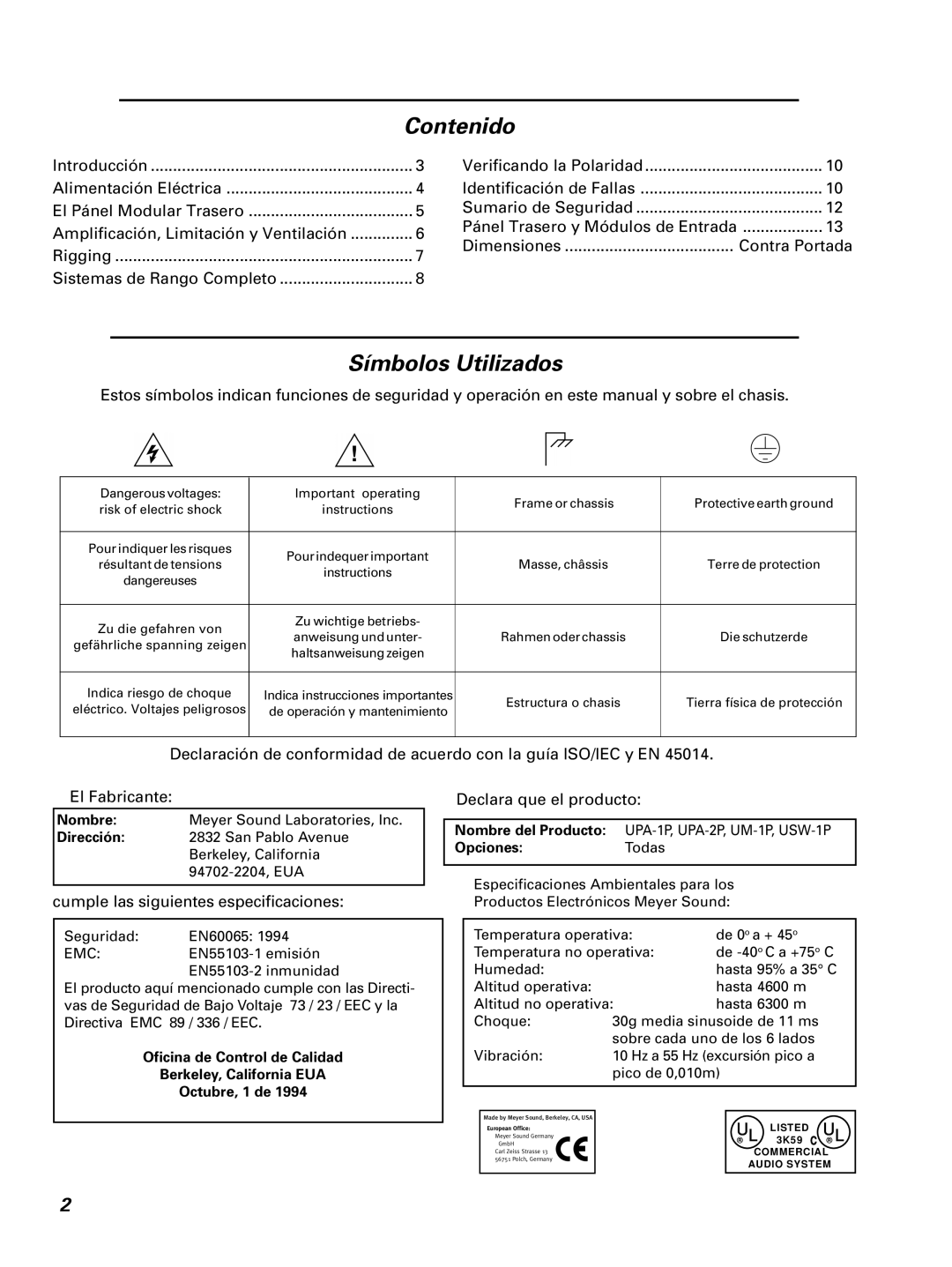 Meyer Sound UPA-1p Contenido, Símbolos Utilizados, Sistemas de Rango Completo, Cumple las siguientes especificaciones 