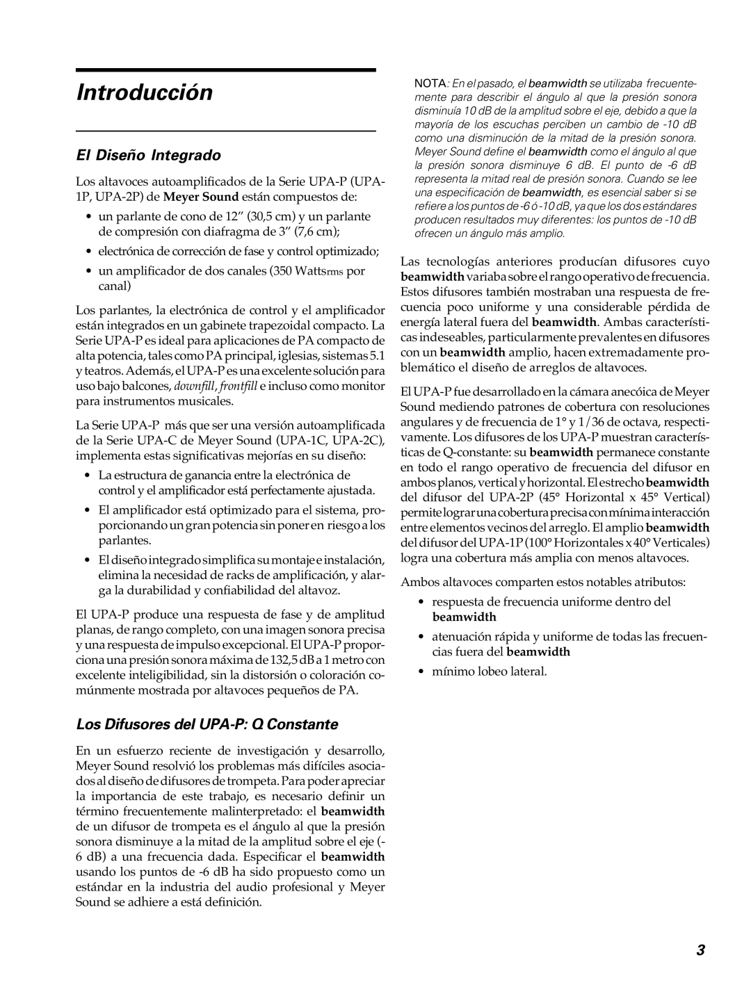 Meyer Sound UPA-1p manual Introducción, El Diseño Integrado, Los Difusores del UPA-P Q Constante 