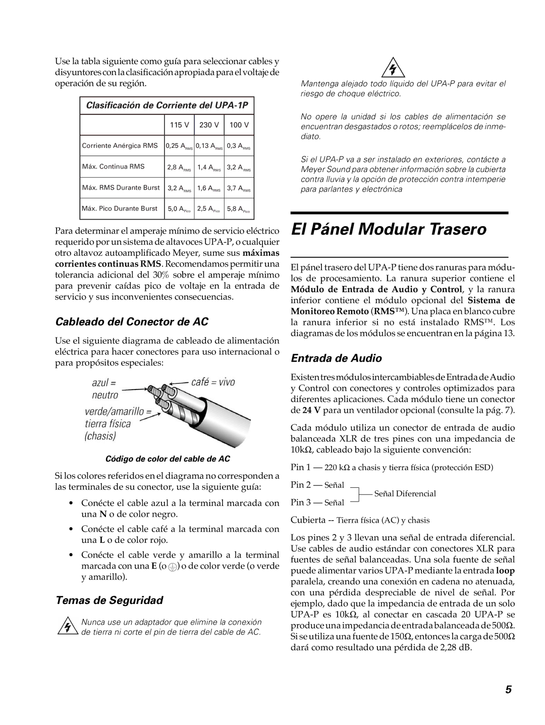 Meyer Sound UPA-1p manual El Pánel Modular Trasero, Cableado del Conector de AC, Temas de Seguridad, Entrada de Audio 