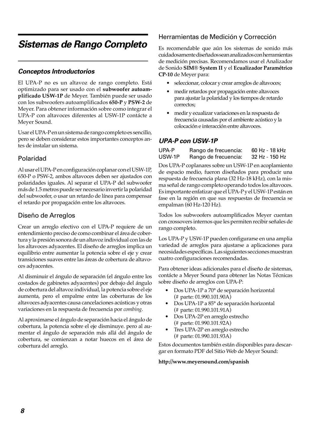 Meyer Sound UPA-1p manual Sistemas de Rango Completo, Conceptos Introductorios, UPA-P con USW-1P, Rango de frecuencia 