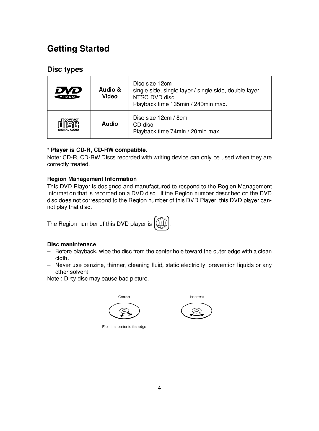 MGA Entertainment SMB-657 manual Disc types, Audio, Disc manintenace 