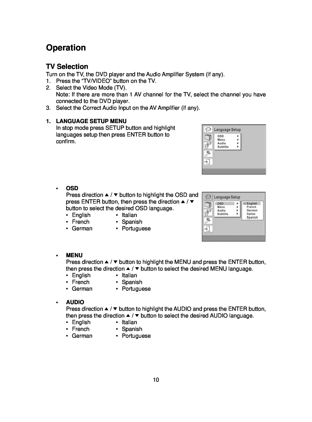 MGA Entertainment SMB-657 manual Operation, TV Selection, Language Setup Menu, Audio 