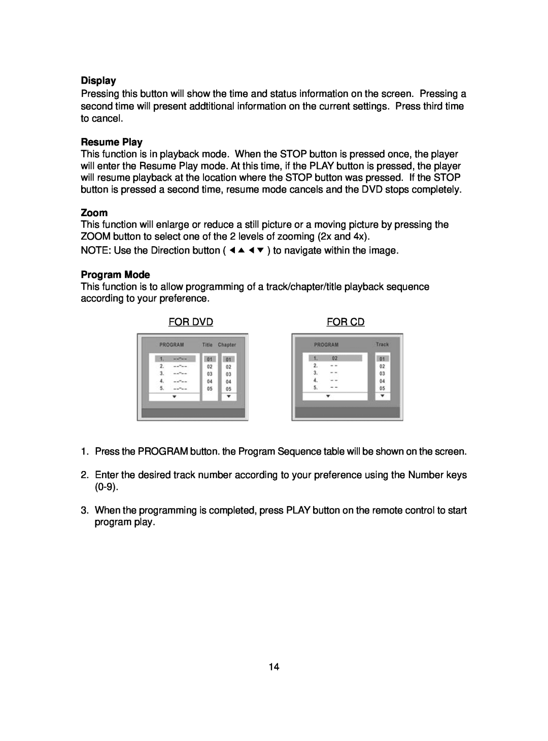 MGA Entertainment SMB-657 manual Display, Resume Play, Zoom, Program Mode 