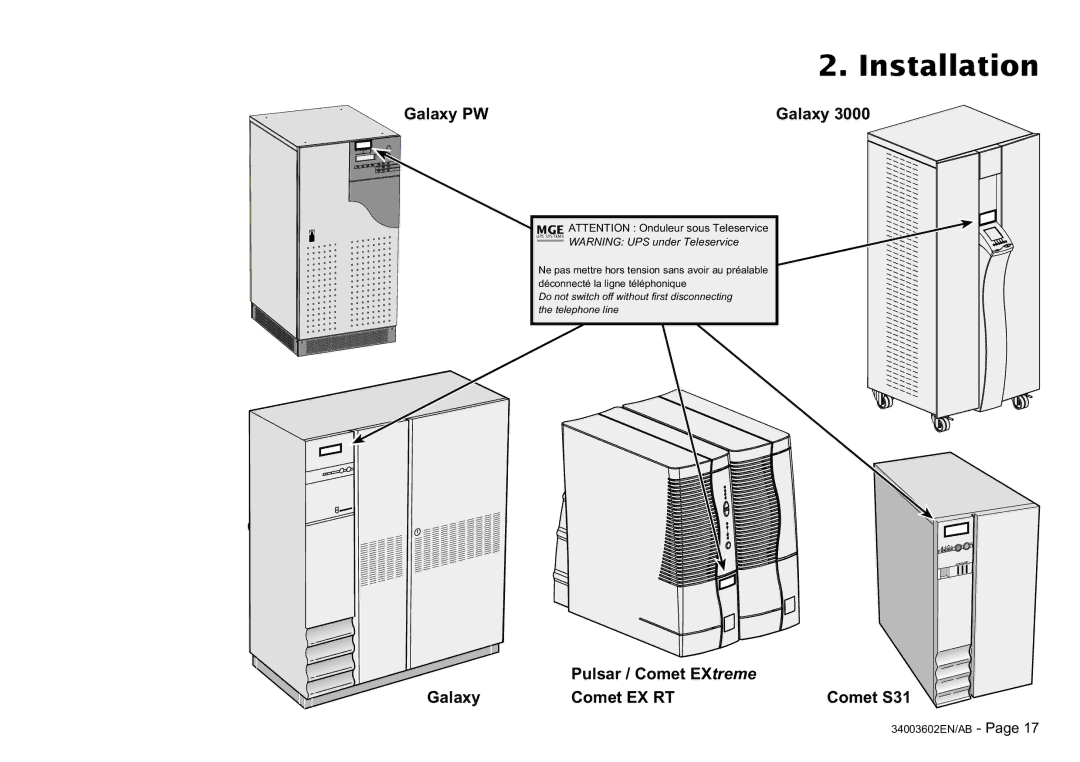 MGE UPS Systems 100 installation manual Galaxy PW, MGE Attention Onduleur sous Teleservice 