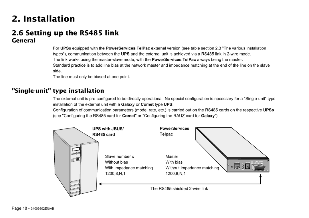 MGE UPS Systems 100 Setting up the RS485 link, General, Single-unit type installation, UPS with Jbus, RS485 card Telpac 