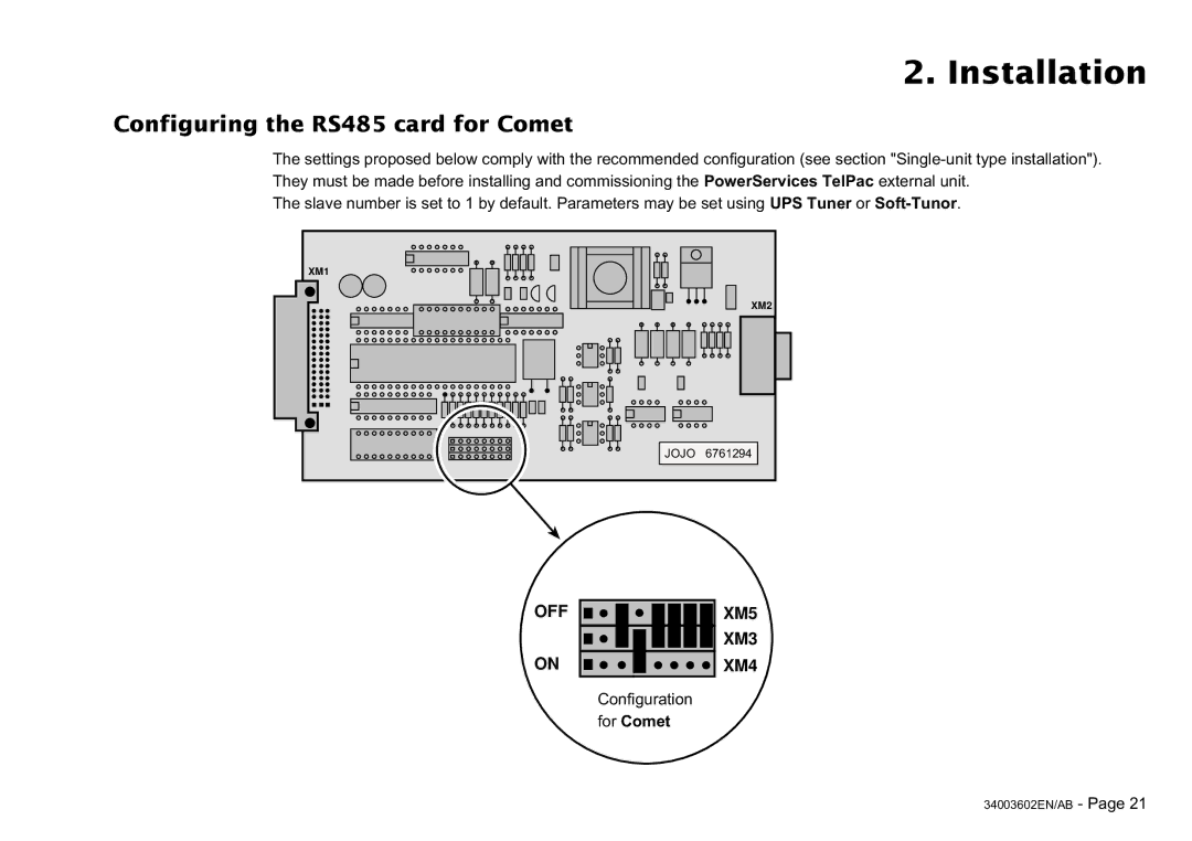MGE UPS Systems 100 installation manual Configuring the RS485 card for Comet, For Comet 
