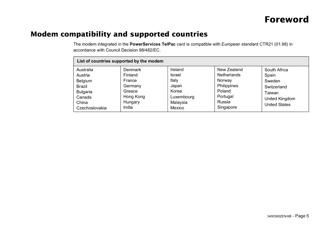 MGE UPS Systems 100 Modem compatibility and supported countries, List of countries supported by the modem 