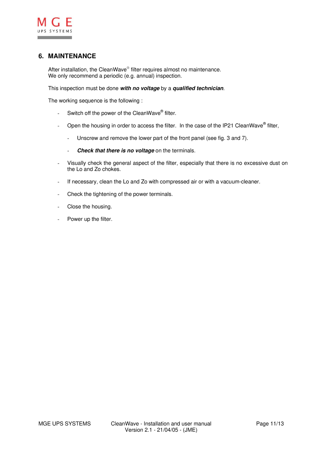 MGE UPS Systems 12280 kVA user manual Maintenance, Check that there is no voltage on the terminals 