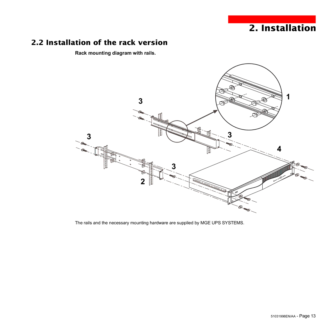 MGE UPS Systems 1500C user manual Installation of the rack version 