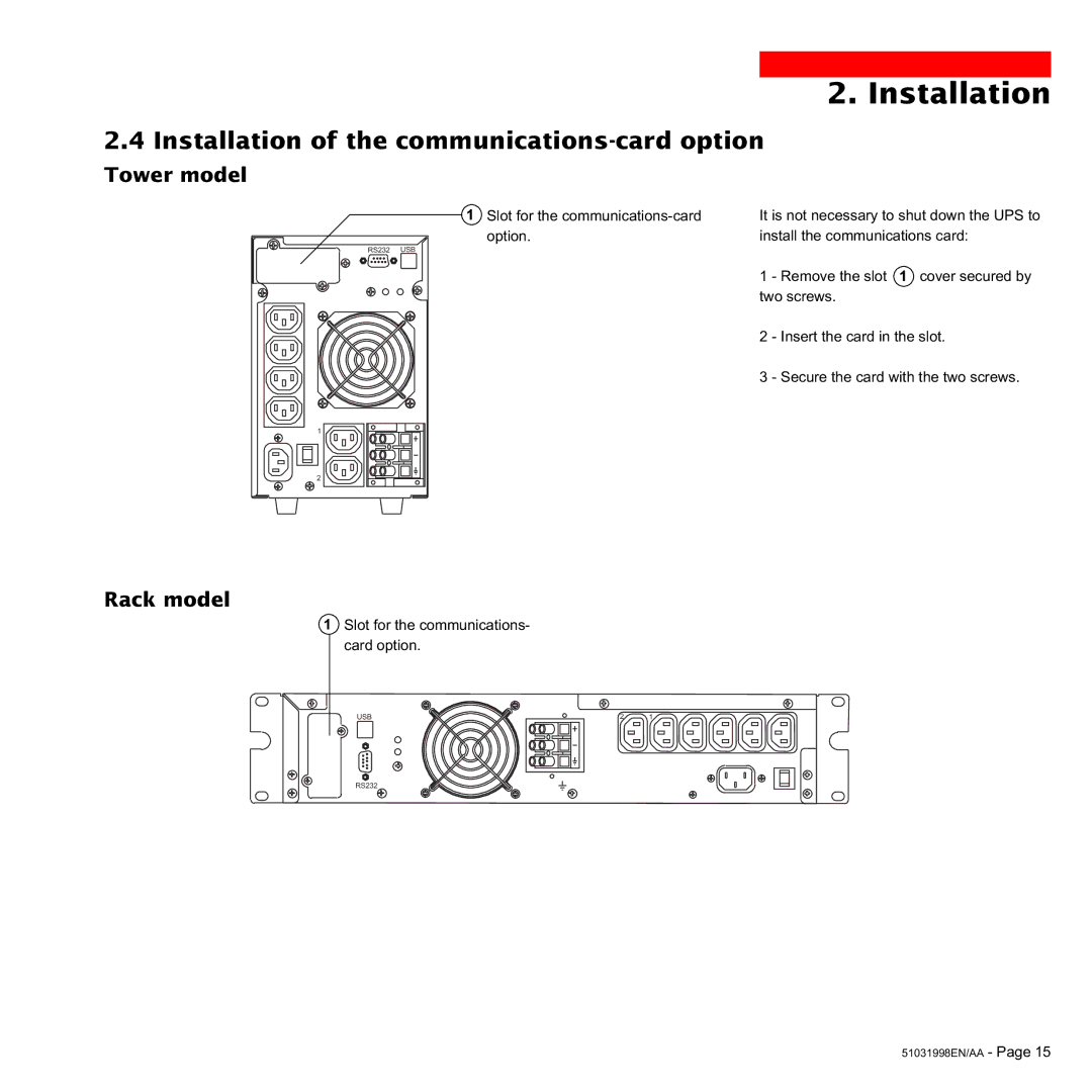 MGE UPS Systems 1500C user manual Installation of the communications-card option, Tower model 