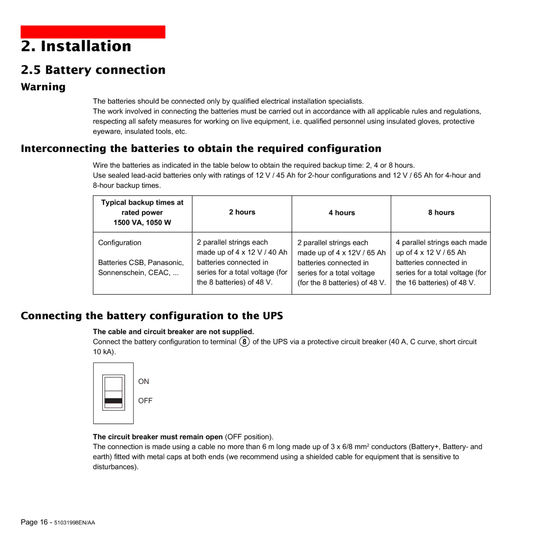 MGE UPS Systems 1500C user manual Battery connection, Connecting the battery configuration to the UPS 