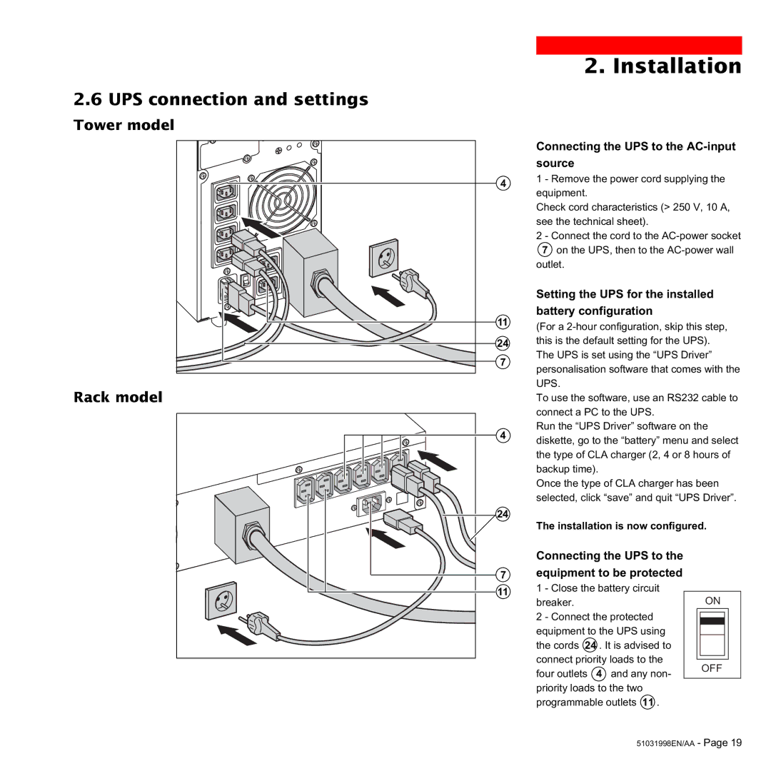 MGE UPS Systems 1500C user manual UPS connection and settings Tower model Rack model 