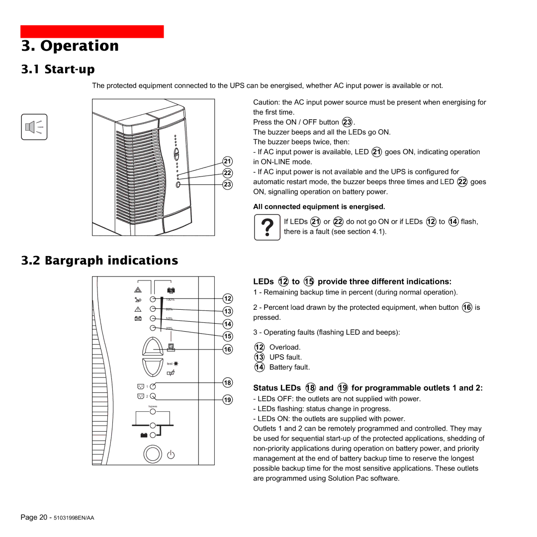 MGE UPS Systems 1500C user manual Operation, Start-up, Bargraph indications, All connected equipment is energised 