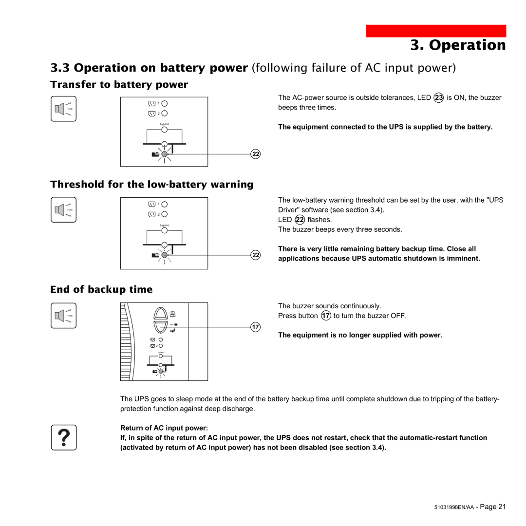 MGE UPS Systems 1500C user manual Transfer to battery power, Threshold for the low-battery warning, End of backup time 