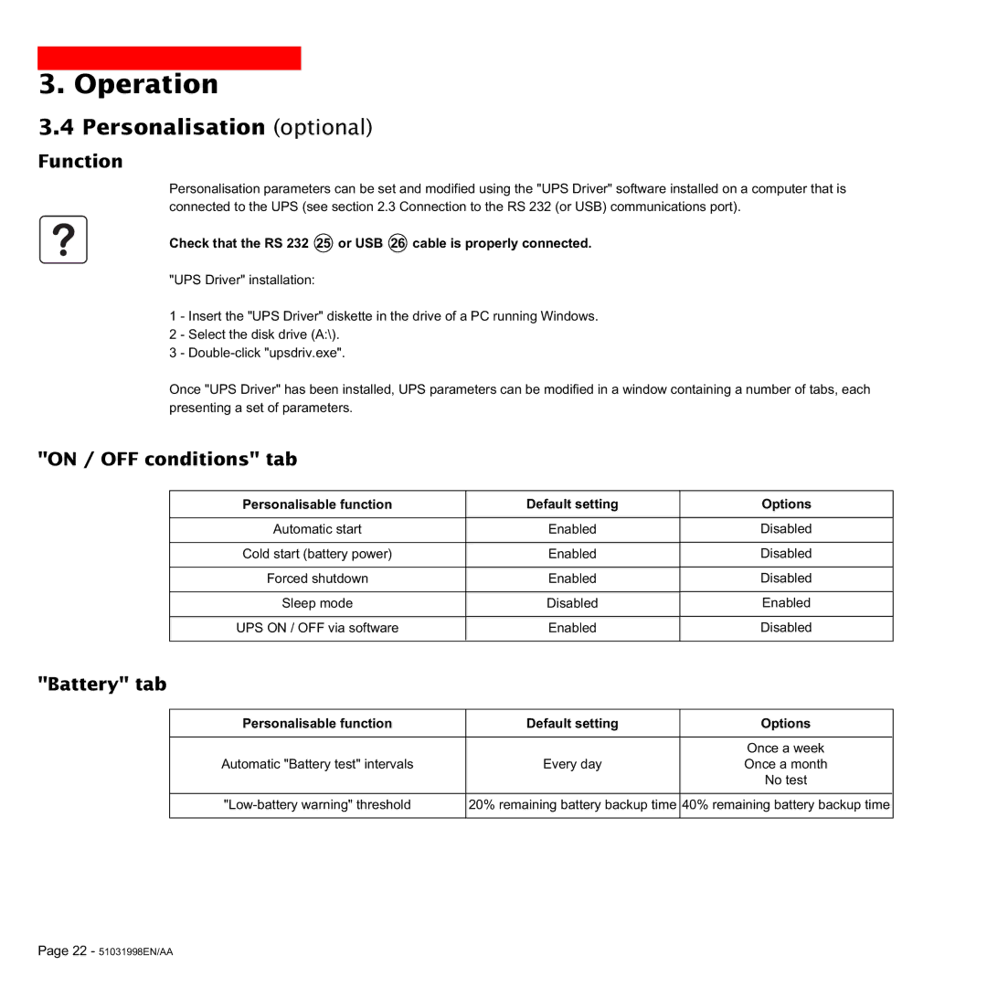 MGE UPS Systems 1500C user manual Personalisation optional, Function, On / OFF conditions tab, Battery tab 