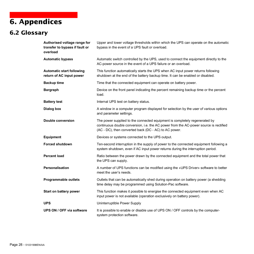 MGE UPS Systems 1500C user manual Glossary, UPS on / OFF via software 