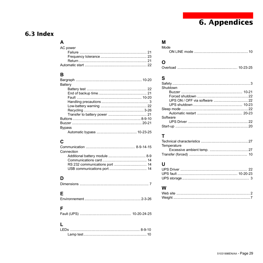 MGE UPS Systems 1500C user manual Index, Connection 