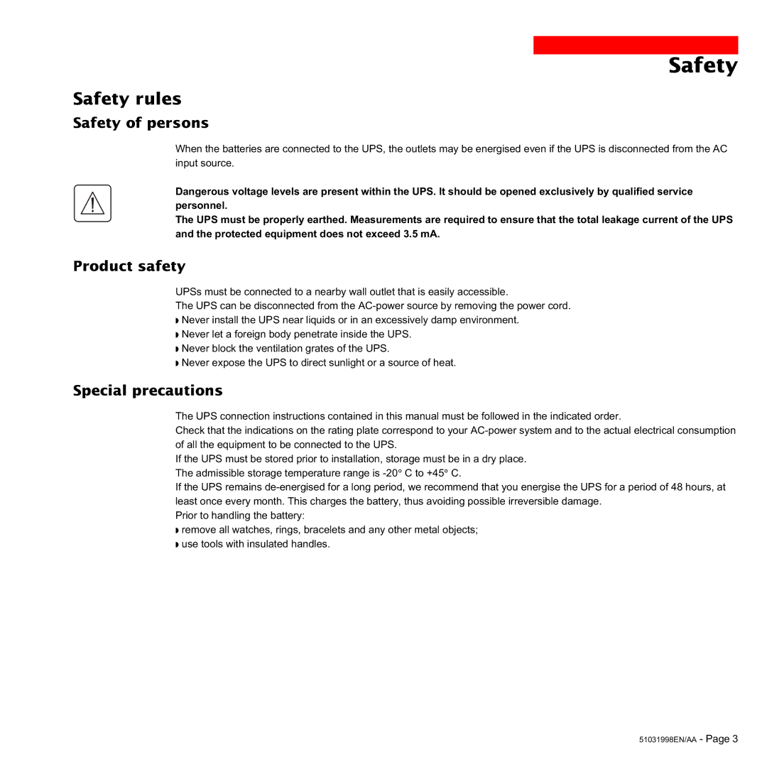 MGE UPS Systems 1500C user manual Safety rules, Safety of persons, Product safety, Special precautions 