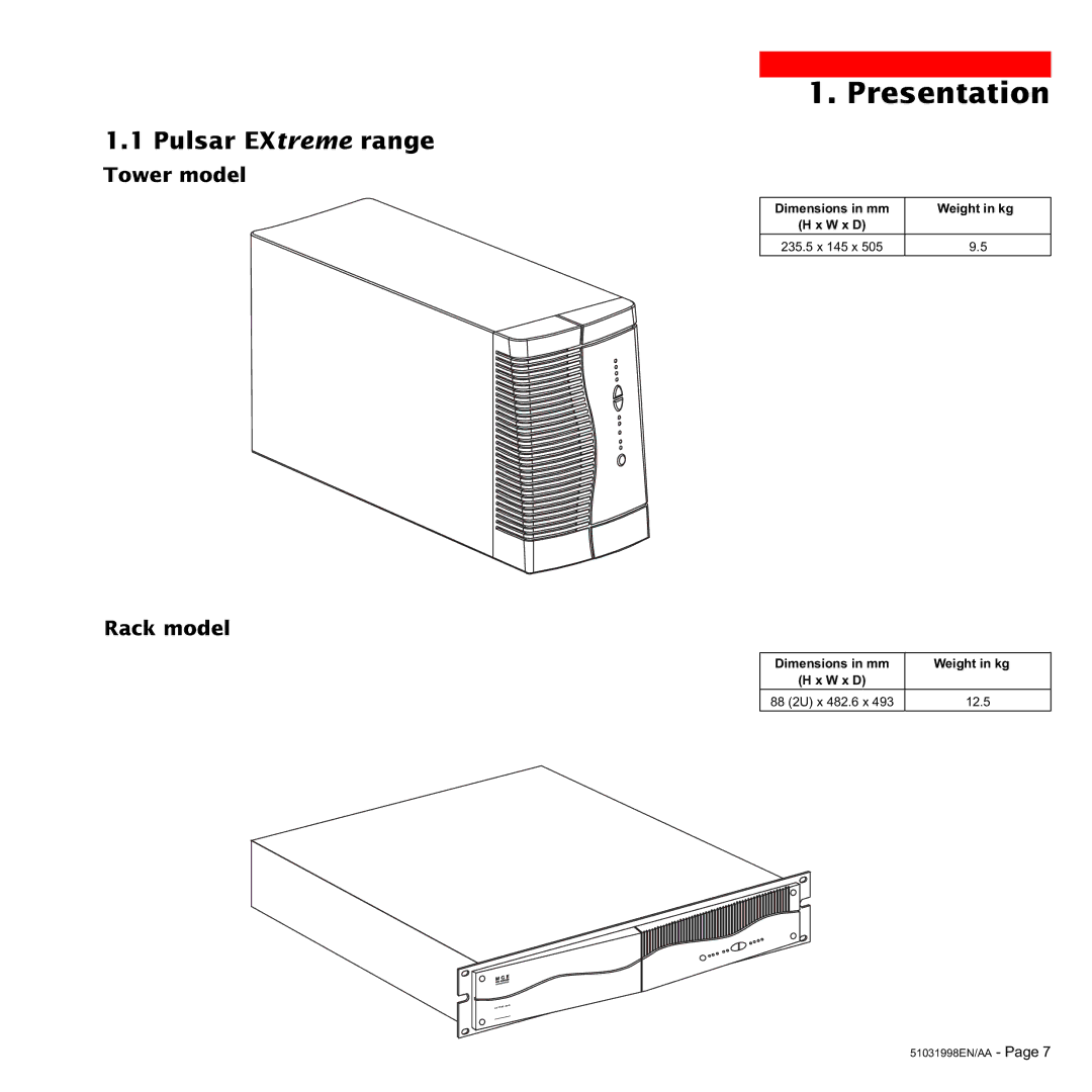 MGE UPS Systems 1500C user manual Presentation, Pulsar EXtreme range, Tower model, Rack model 