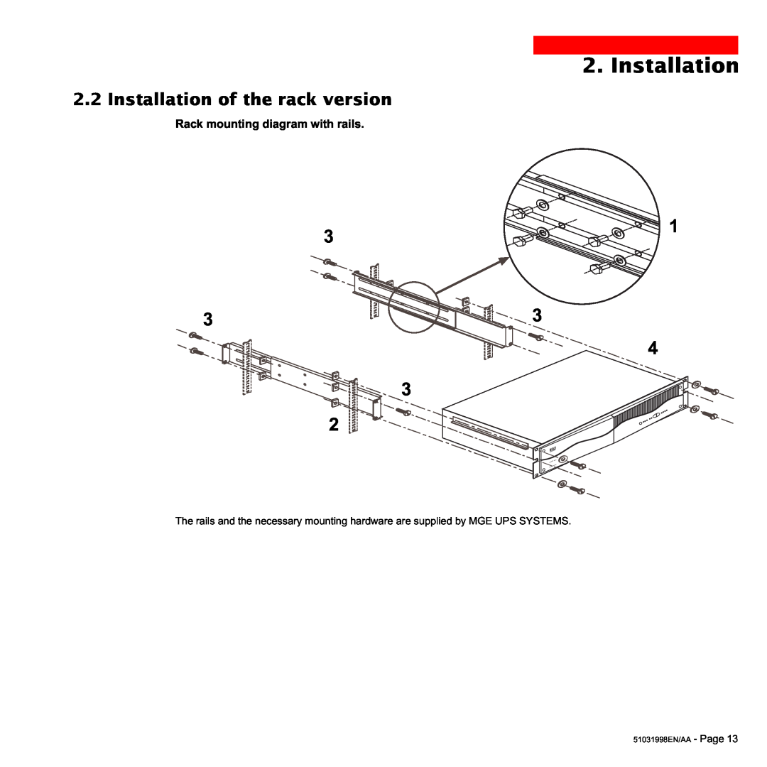 MGE UPS Systems 1500C user manual Installation of the rack version, Rack mounting diagram with rails 