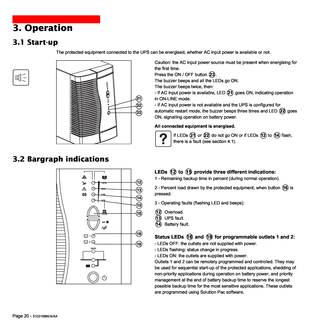MGE UPS Systems 1500C user manual Operation, Start-up, Bargraph indications, All connected equipment is energised 