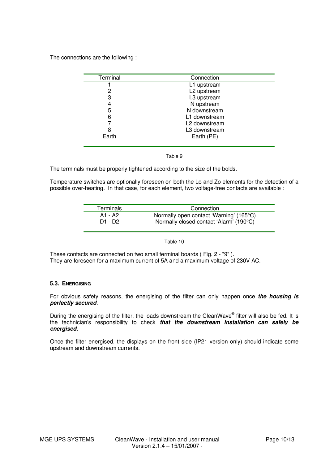 MGE UPS Systems 18/280 kVA user manual Energised 