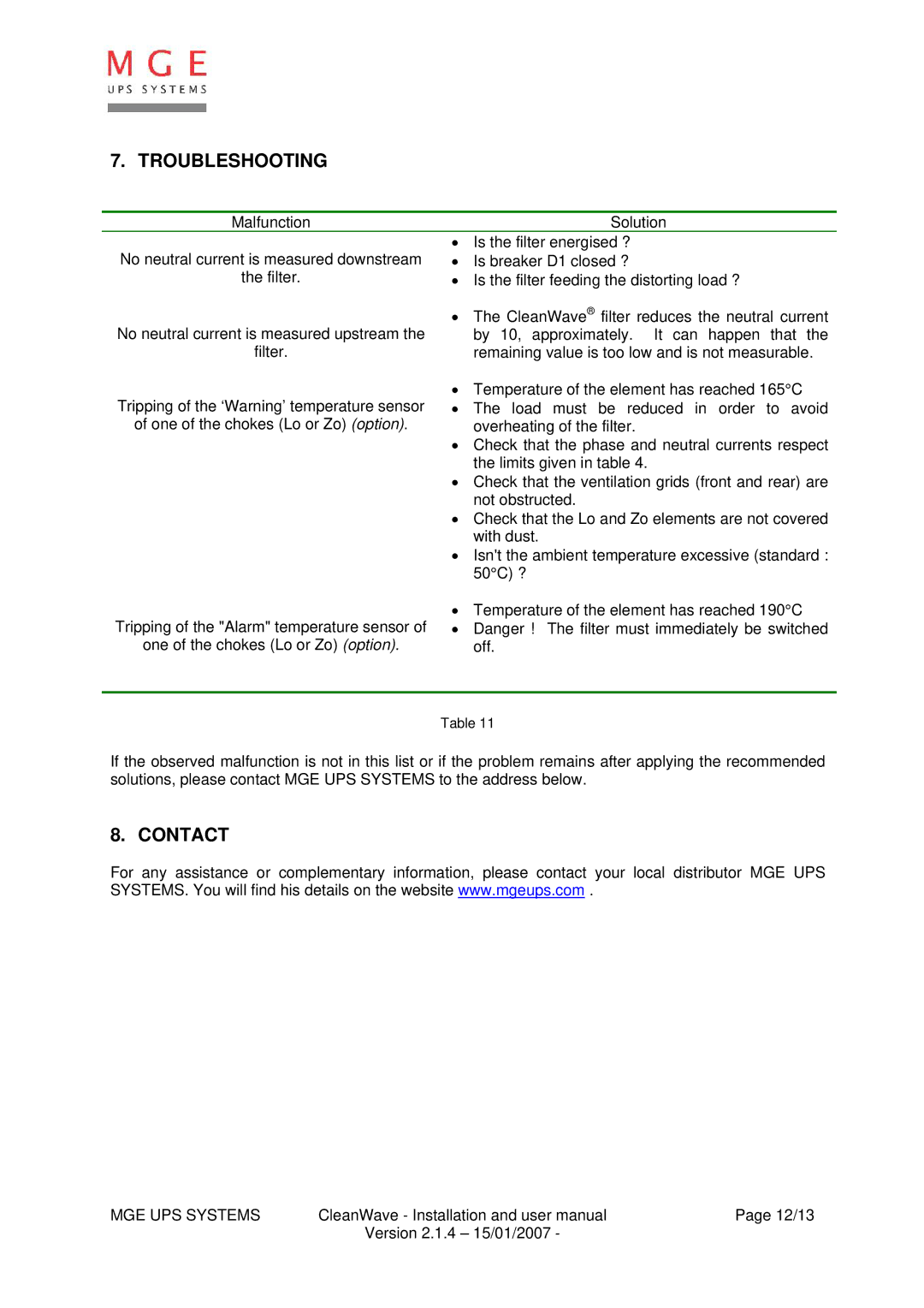 MGE UPS Systems 18/280 kVA user manual Troubleshooting, Contact 