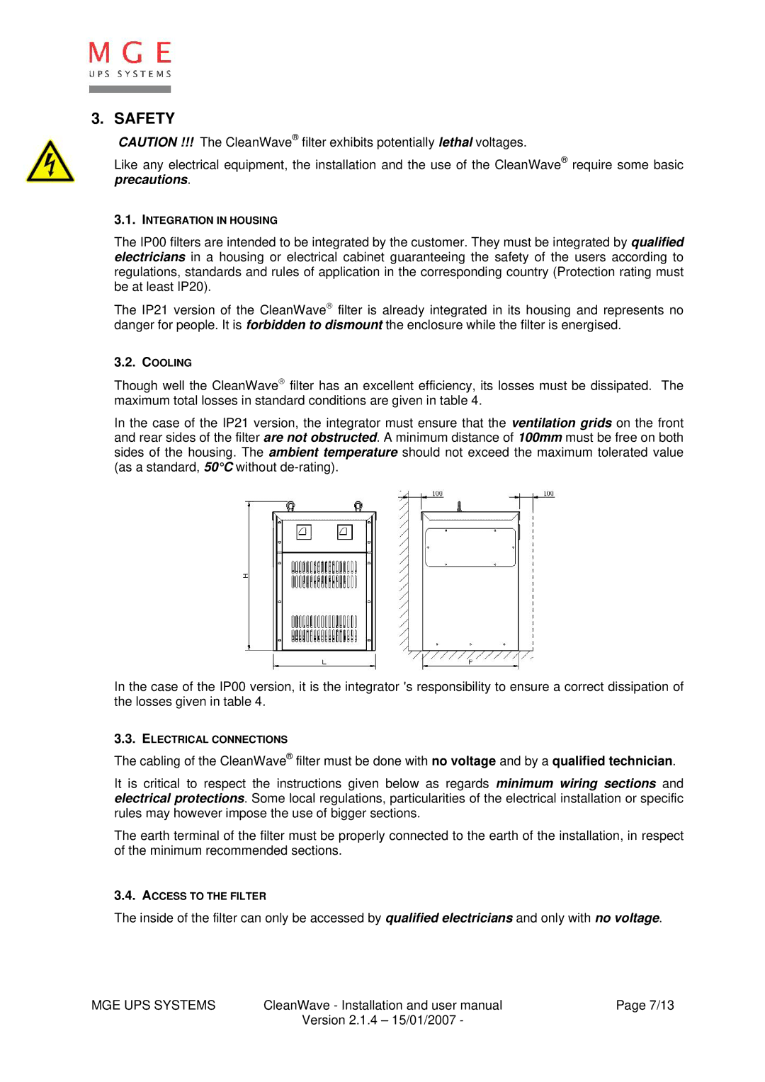 MGE UPS Systems 18/280 kVA user manual Safety 