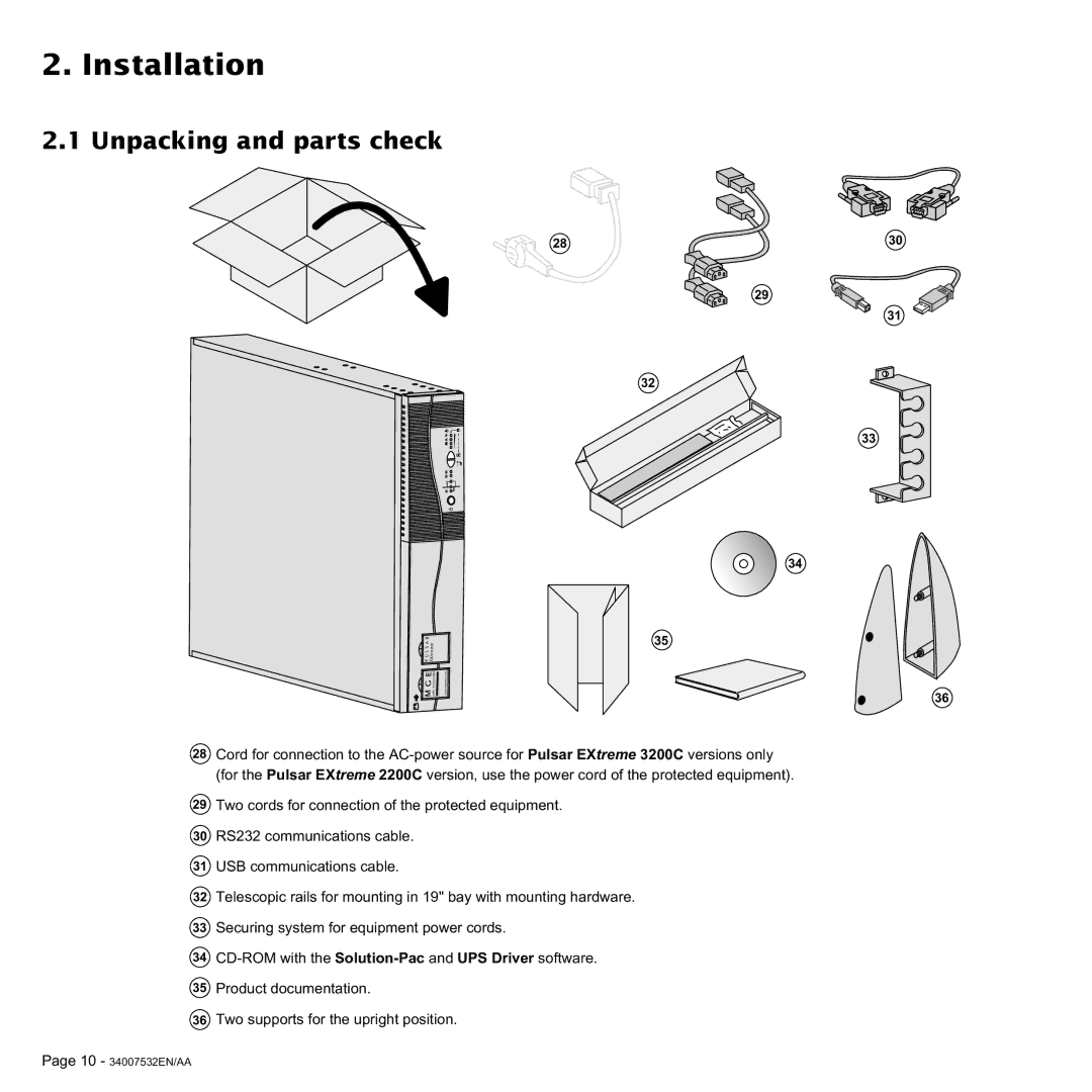 MGE UPS Systems 2200C, 3200C user manual Installation, Unpacking and parts check 