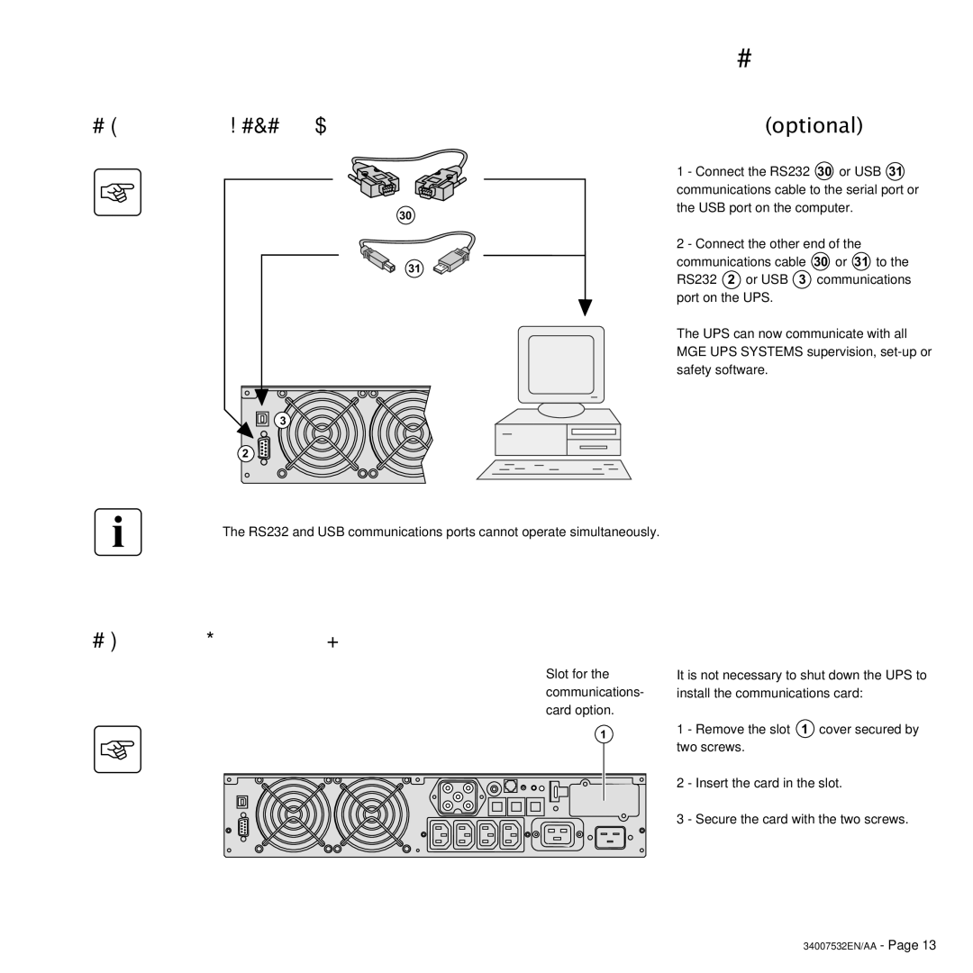 MGE UPS Systems 3200C, 2200C user manual Connection to the RS232 or USB communications port optional 