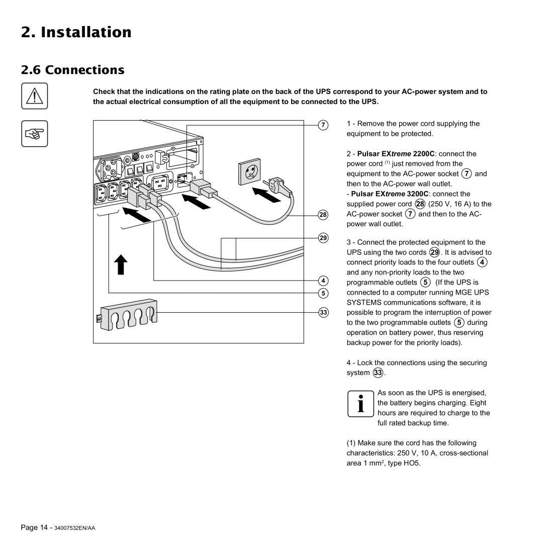 MGE UPS Systems 2200C, 3200C user manual Connections 