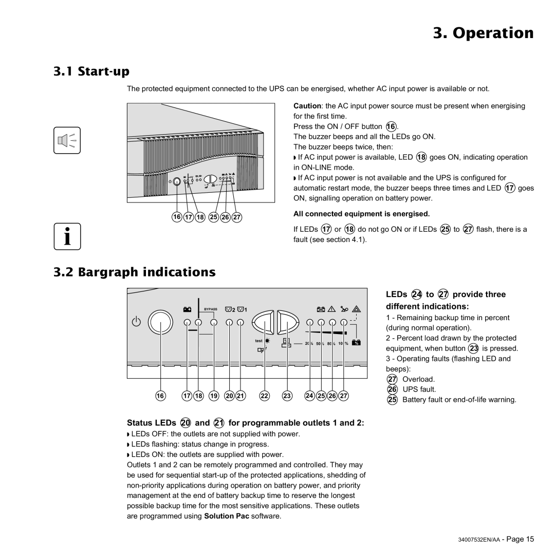 MGE UPS Systems 3200C, 2200C Operation, Start-up, Bargraph indications, Status LEDs 20 and 21 for programmable outlets 1 