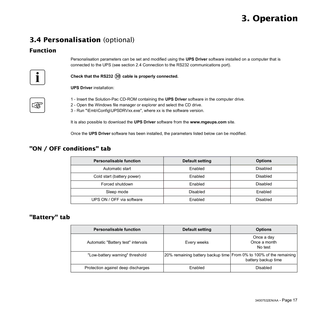 MGE UPS Systems 3200C, 2200C user manual Personalisation optional, Function, On / OFF conditions tab, Battery tab 