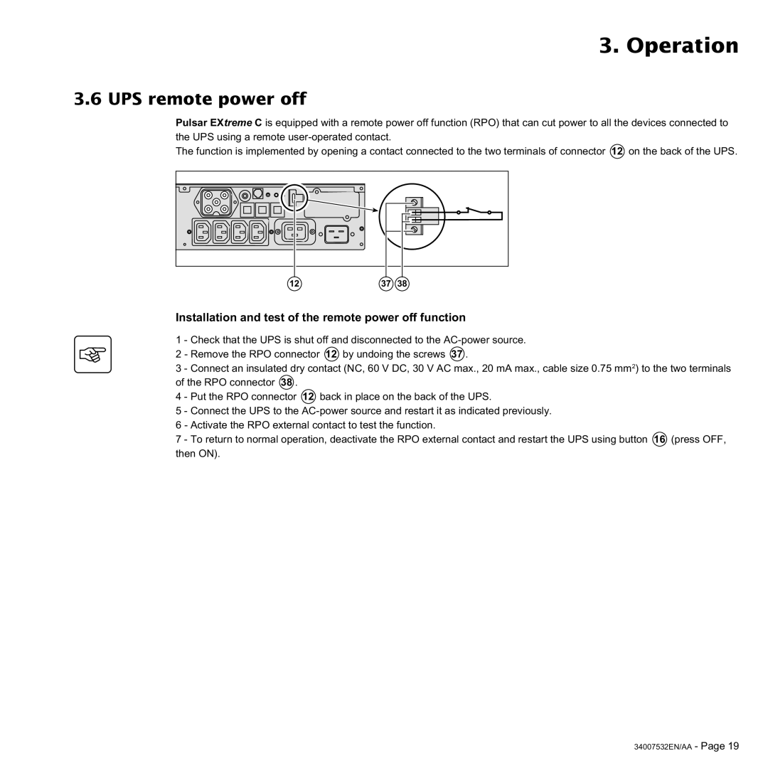 MGE UPS Systems 3200C, 2200C user manual UPS remote power off, Installation and test of the remote power off function 